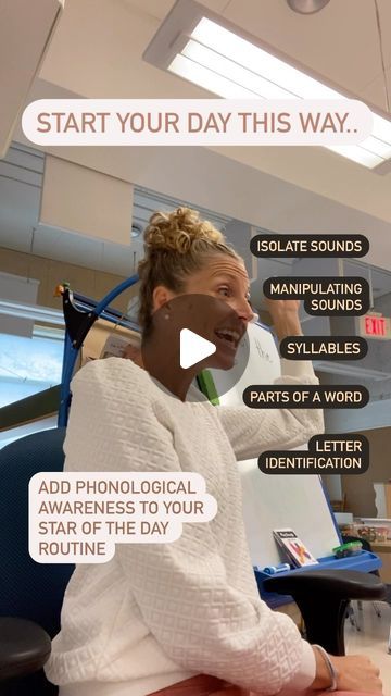 Lindsay / Early Years Literacy Specialist on Instagram: "✨I wish I had learned this sooner…. that adding phonological awareness into your daily routine can be EASY✨  👉You MUST save this for later 😉  ➡️Add phonological awareness drills into songs, transitions and activities that you ALREADY do everyday day!  ➡️Every day we pick a new star ⭐️ of the day and what a great way to practice phonemic awareness!   ➡️We sing “It’s time to pick the start of the day, it’s time to pick the start of the day, if you know the name, then shout it just the same, it’s time to pick the star of the day.”  ➡️ I segment the child’s name first to see if they can guess who it is, isolate the beginning and ending sounds, manipulate the beginning sound (this is always a good laugh), break the word into syllables, Beginning The Year Preschool Activities, Substitute Activities, Beginning Sound Activities, Teaching Sound, Literacy Specialist, Ending Sounds, Phonological Awareness Activities, Structured Literacy, Handwriting Without Tears