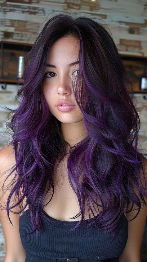 Black Roots Purple Hair Ombre, Dark Brown And Purple Hair Split Dye, Under Side Hair Dye, Colorful Hair For Brunettes, Mom Hair Color Ideas Dark, Violet Hair With Money Piece, Multi Purple Hair, Dark Purple Tips Hair, Dark Purple Halo Hair