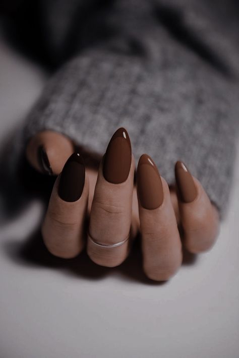 Autumn Acrylic Nails, Matted Nails, Brown Autumn, Boho Nails, Simple Fall Nails, Gel Nail Art Designs, Fall Gel Nails, Medium Almond, Matte Nails Design