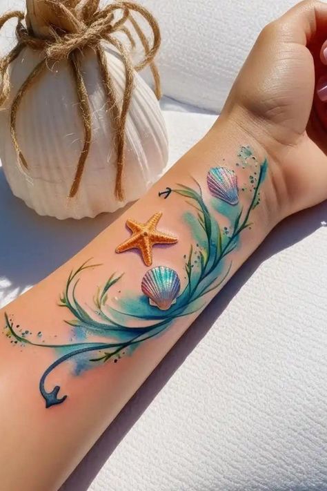 Beach Hand Tattoos For Women, Water Tattoo Ideas Ocean, Ocean Wave Tattoos For Women, Seashell Tattoo Design, Beach Tattoo Ideas For Women, Beach Sleeve Tattoo, Sea Tattoos For Women, Small Beachy Tattoos, Ocean Tattoos For Women