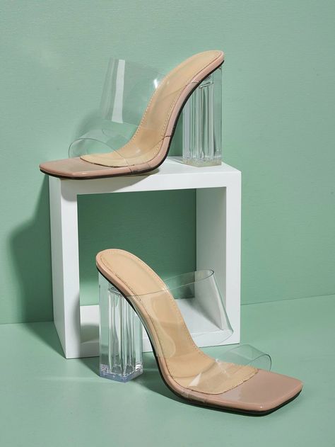 Light Blue Heels, Elegant Shoes Heels, Clear Mules, Fancy Heels, Shein Shoes, Lucite Heels, Clear Shoes, Heeled Mules Sandals, Bridesmaid Shoes