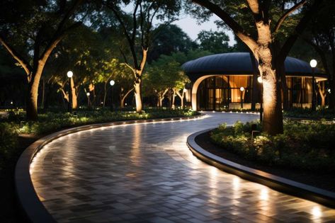 Accent Lighting driveway entrance House Road Entrance, Entrance To Driveway Ideas, Drive Entrance Landscaping, Incline Driveway Ideas, Shrub Lined Driveway, Long Winding Driveway, Half Circle Driveway Ideas Front Yards, Circle Drive Landscaping Ideas, House Driveway Ideas Entrance