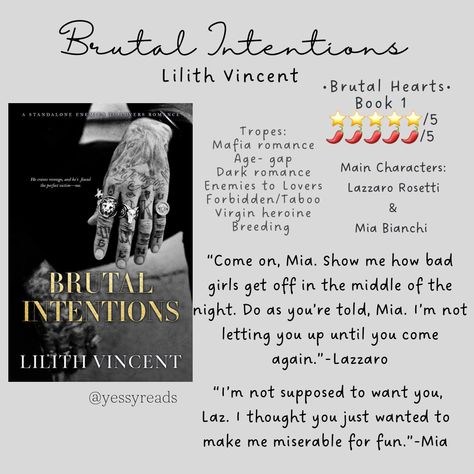 Dark Mafia Romance Book review please give credit if repost Breeding Romance Books, Brutal Intentions Book, Dark Romance Mafia Books, Best Mafia Romance Books Wattpad, Dark Mafia Romance Books, Brutal Intentions, Lilith Vincent, Mafia Dark Romance, Mafia Romance Books