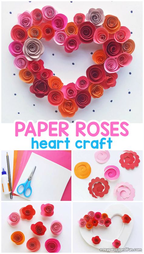 Paper Roses Heart Craft for Kids - Valentines Day or Mothers Day - Easy Peasy and Fun Diy Mother's Day Crafts, Heart Craft, Valentine Crafts For Kids, Paper Flower Crafts, Mothers Day Crafts For Kids, Make Paper, Heart Crafts, Mother's Day Diy, Paper Crafts For Kids