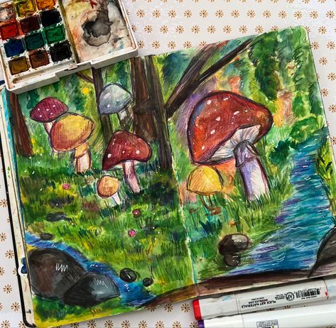 Toadstool Art, Mushroom World, Mushrooms Art, Artwork Aesthetic, Mushroom Forest, Easy Doodle Art, Sketchbook Art, Simple Doodles, World Art