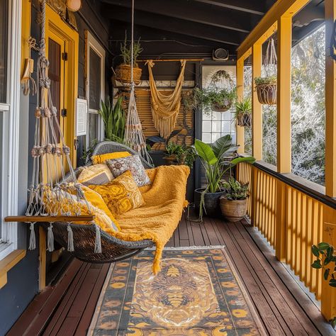 Captivating Bohemian Porch Inspiration in Sunny Yellow Yellow House Aesthetic, Yellow Patio Decor, Industrial Jungle, Cozy Porches, Rustic Porch Ideas, Bohemian Porch, Boho Porch, Dream Porch, Boho Backyard