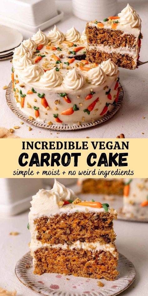 Fluffy and moist vegan carrot cake that is packed with warm spices and will melt in your mouth. This no-fuss cake uses only common pantry ingredients and is easy to make. Glutenfree Carrotcake, Best Vegan Carrot Cake, Vegan Carrot Cake Recipe, Banana Diaries, Thanksgiving Vegan, Christmas Vegan, Desserts Thanksgiving, Vegan Carrot Cake, Vegan Brownies