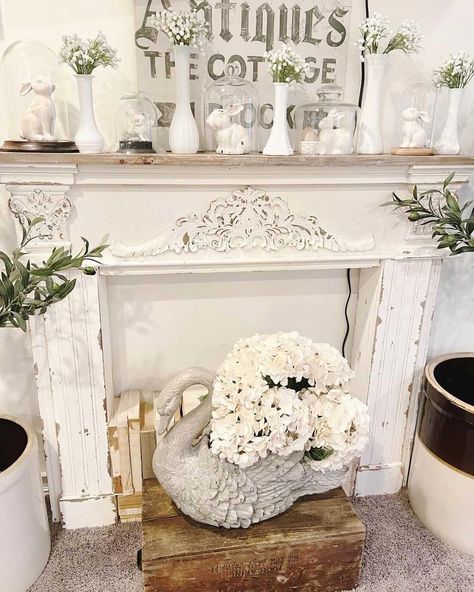 Shabby Chic Mantle, Shabby Chic Fireplace, Faux Mantle, Farmhouse Fireplace Decor, Beams Living Room, Farmhouse Mantle, Swan Planter, Faux Fireplace Diy, Wooden Fireplace