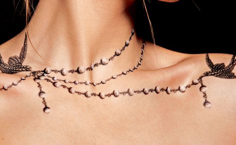 #chanel Chest Neck Tattoo, Chain Tattoo, Necklace Tattoo, 4 Tattoo, Sweet Necklace, Real Tattoo, Ink Ideas, Chest Tattoo, Skin Art