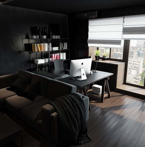 The black home office is this small apartment can certainly attract attention Traditional Home Offices, Black Apartment, Elegant Home Office, Black Bedroom Decor, Black Home Office, Home Studio Setup, Apartment Makeover, Modern Luxury Bedroom, Bedroom Setup