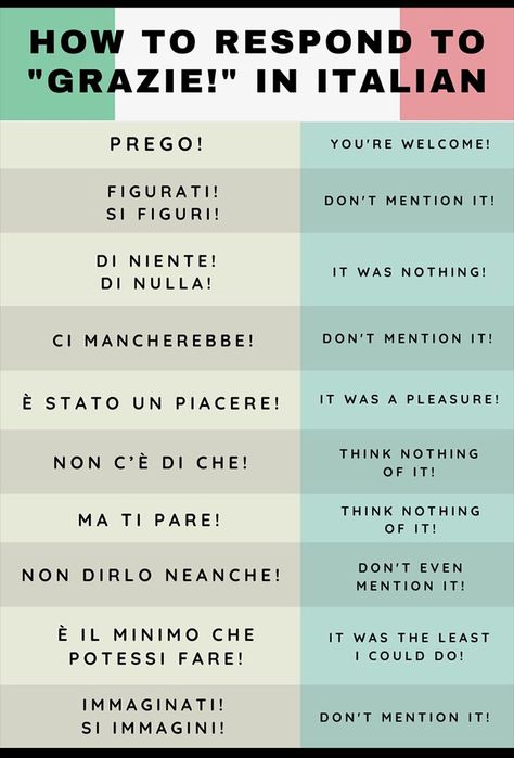 how to respond to grazie in italian Basic Italian Phrases, English To Italian Words, Beautiful Italian Words, Italian For Beginners, How To Speak Italian, Italian Courses, Travel Language, Basic Italian, Italian Grammar