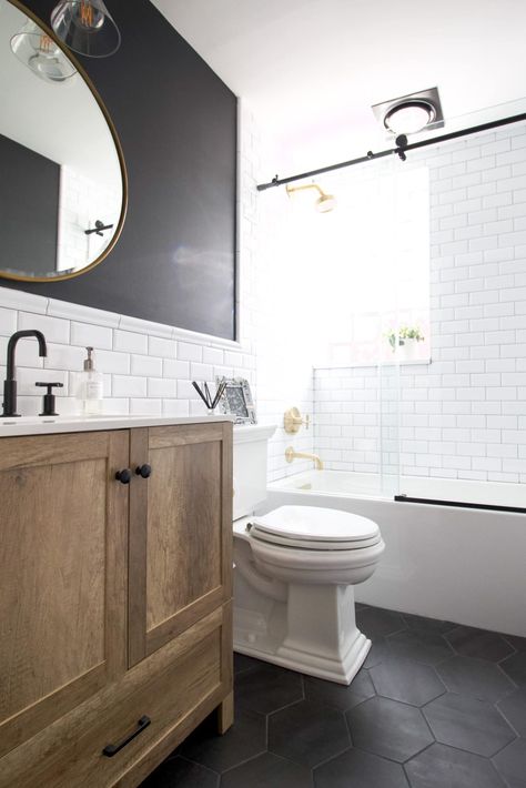 White Bathroom Makeover, Budget Powder Room, Black And White Bathroom, Diy Playbook, Bathroom Redesign, Hall Bathroom, Boys Bathroom, Downstairs Bathroom, Basement Bathroom