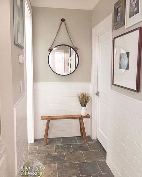 This narrow hallway has big style thanks to @interiorsbyzdesign's simply chic design. #MakeHomeYours End Of Hallway Ideas, Unfinished Basement Decorating, End Of Hallway, Upstairs Hallway, Hallway Designs, Farmhouse Room, Hallway Decor, Narrow Hallway, Basement Decor