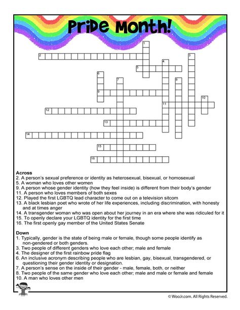 Pride Month Crossword Puzzle | Woo! Jr. Kids Activities Pride Work Ideas, Gsa Club Activities, Pride Party Games, Lgbtq Worksheets, Gsa Club Ideas, Gsa Activities, Lgbtq Activities, Pride Month Activities, Pride Games