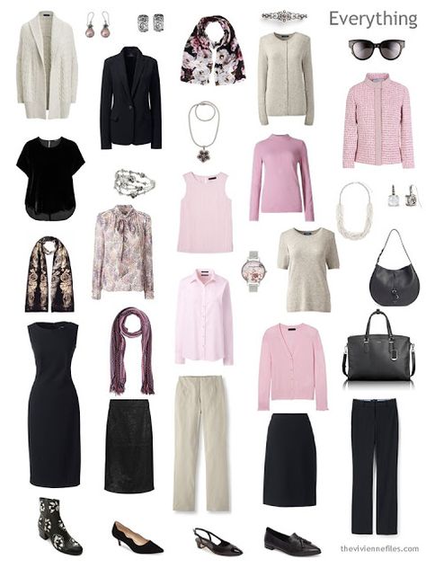 a 16-piece 4 by 4 Wardrobe in black, taupe and pink, with accessories Capsule Wardrobe Work, Blogger Street Style, Fashion Capsule Wardrobe, Older Women Fashion, Capsule Outfits, Fashion Capsule, Pretty Stuff, Fashion Tips For Women, Pink Outfit