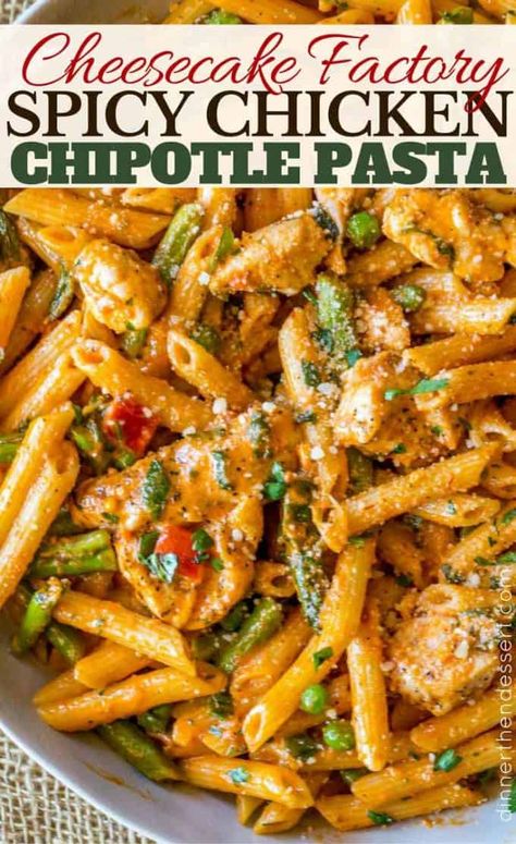 Spicy Chicken Chipotle Pasta (Copycat) - Dinner, then Dessert Nashville Hot Chicken Pasta, Copycat Cheesecake Factory Pasta, Spicy Creamy Pasta, Creamy Spicy Chicken, Chicken Chipotle Pasta, Spicy Chicken Chipotle Pasta, Cheesecake Factory Pasta, Copycat Dinner, Chipotle Chicken Pasta