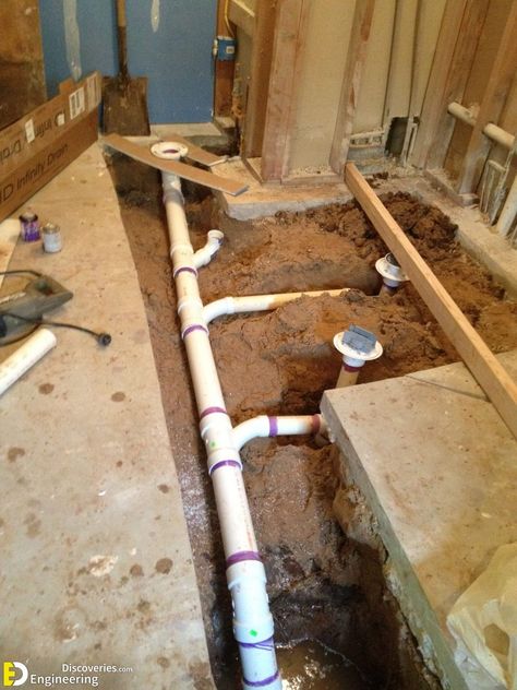 24+ Photos You Should See If You Want To Install Underground Plumbing - Engineering Discoveries Plumbing Drains, Plumbing A Bathroom, Basement Toilet, Bathtub Plumbing, Rough In Plumbing, Plumbing Layout, Pex Plumbing, Plumbing Installation, Plumbing Problems