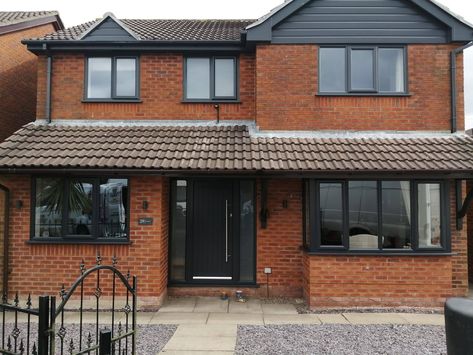 House With Grey Windows, Anthracite Windows, Anthracite Grey Windows, Side Hinged Garage Doors, Oak Windows, Brick Houses, Grey Windows, Red Brick House, Upvc Windows