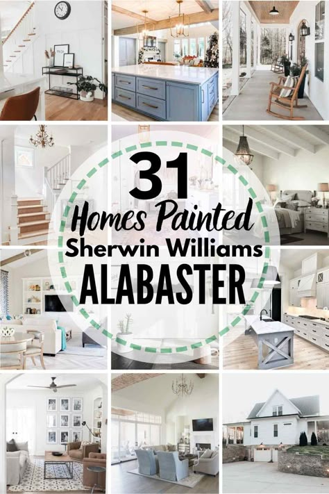 All About Sherwin Williams Alabaster + 31 Real Homes That Use It! See if this is the right paint color for your own home! #alabaster #sherwinwilliams #sherwinwilliamsalabaster #sherwinwilliamsalabasterwalls #sherwinwilliamsalabastercabinets #sherwinwilliamsalabasterexterior #sherwinwilliamsalabasterbedroom #sherwinwilliamsalabasterwhite #sherwinwilliamsalabasterbathroom #sherwinwilliamsalabasterkitchen #sherwinwilliamsalabastertrim #sherwinwilliamsalabasterlivingrooms #... She Twin Williams Alabaster, Stucco Sherwin Williams, Sw Alabaster Exterior, Alabaster Sherwin Williams Cabinets, Sw Alabaster Walls, Alabaster Sherwin Williams, Pale Oak Benjamin Moore, Sherwin Williams Alabaster White, Benjamin Moore Pale Oak