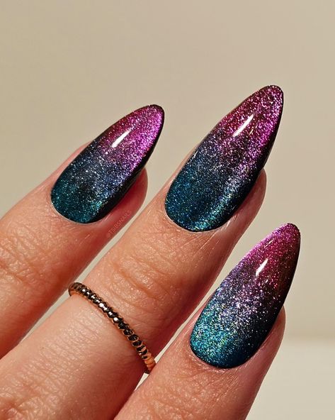 jellies 🤝 cateye, a divine pairing ✨️🧚‍♀️ Ft. @gelcare.official al Patent Leather Black, Jelly Pink, Jelly Teal, Top Coat @amazonca Mannfi gel polish crystal cat's eye silver #cateye #magneticnails #jellynails #pinknails #teal #pressonnails #velvetnails #easynailart #uñas easy simple cateye magnetic nail art design, Jelly cateye nail inspo, pink and Teal aesthetic palette Fuschia Cat Eye Nails, Blue Purple Cat Eye Nails, Nails Cateye Effect, Purple Cateye Nail, Pink And Teal Aesthetic, Hot Pink Cat Eye Nails, Nails Cateye, Cats Eye Nails, Magnetic Nail Art