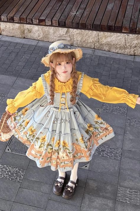 Cat and Sunflower Print Bowknot Sweet Lolita Jsk Dress 2 Colors – LolitaInside Food Outfits, Cute Blue Outfits Aesthetic, Sunflower Cosplay, Cat Inspired Outfits, Cat Outfit, Yellow Clothes Aesthetic, Sunflower Dress Aesthetic, Colorful Outfit, Kawaii Yellow Outfit