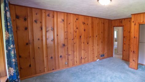 How to Fill Grooves Before Painting Paneling – Today's Homeowner Paint Over Wood Paneling, Painting Paneling, Wood Paneling Makeover, How To Make Floating Shelves, Paneling Makeover, Cedar Paneling, Drywall Mud, Cedar Walls, Painted Wood Floors