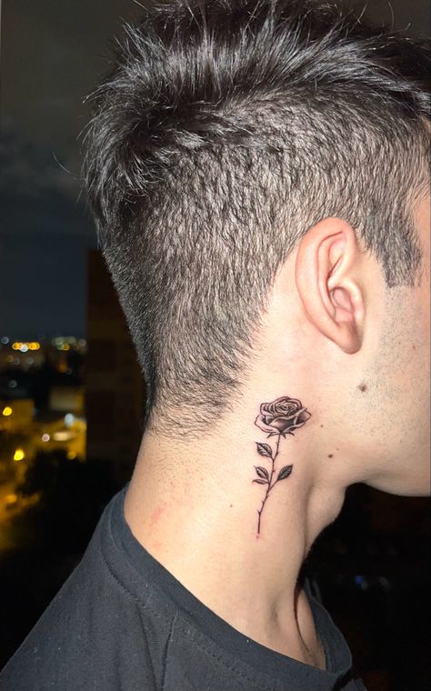 Small Rose Neck Tattoo Men, Neck Flower Tattoo Men, Side Neck Rose Tattoo, Rose On Neck Tattoo Men, Rose Tattoo Behind Ear Men, Tattoo Roses Men, Rose Behind Ear Tattoo Men, Guy Rose Tattoo, Rose Tattoo Men Neck