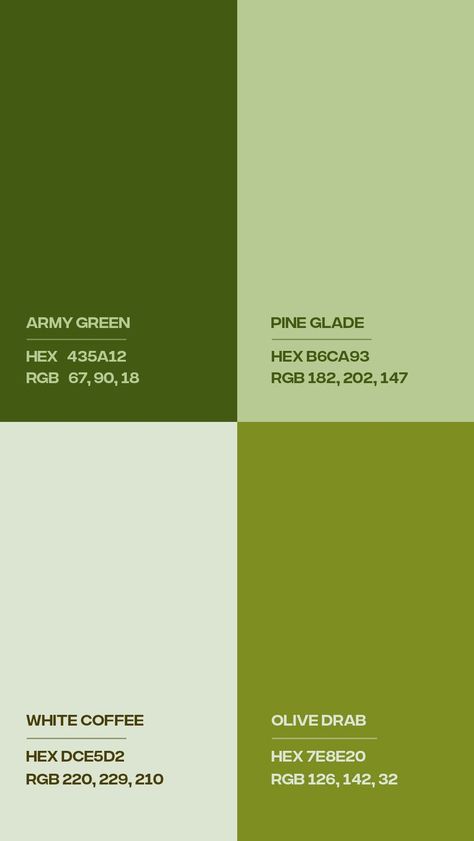 Color Palette Library #8 — ALIMAYDIDTHAT Colors used : Army Green , Pine Glade , White Coffee , Olive Drab Mint And Olive Green Color Palettes, Color Palette Of Green, Fresh Green Color Palette, Green Earth Tone Color Palette, Green Yellow Brown Color Palette, Olive Pallete, Healthy Food Color Palette, Infographic Color Palette, Army Color Palette