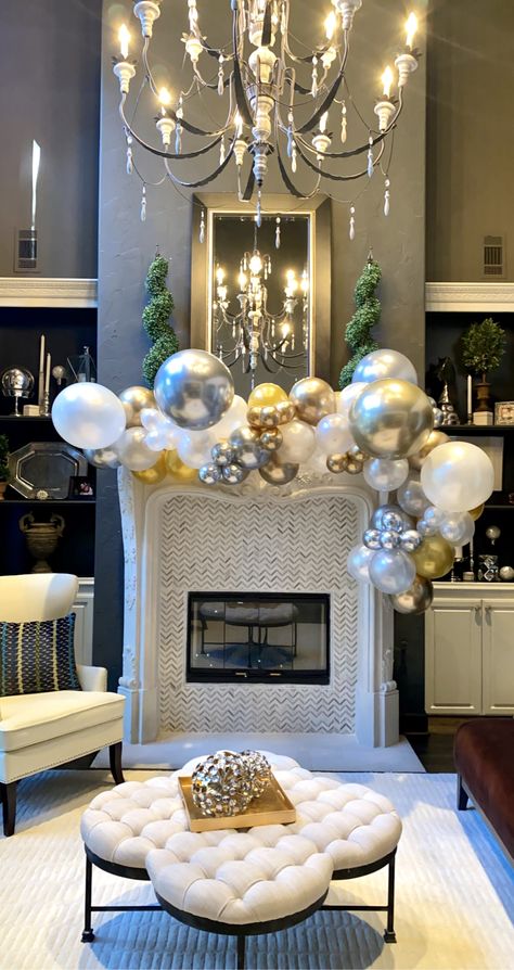 Balloon Garland For Mantle, Balloon Arch On Fireplace Mantle, Balloon Garland On Fireplace Mantle, Fireplace Birthday Party Decor, Balloon Garland Fireplace Mantle, Balloons On Fireplace, Mantel Balloon Garland, Balloon Arch Around Fireplace, Balloon Garland On Mantle