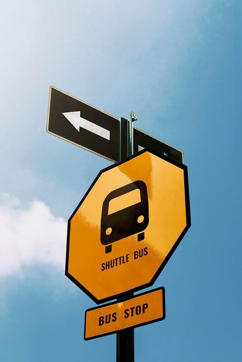 Road Signs Photography, Bus Stop Signage, Road Traffic Signs, Bus Stop Sign, Bus Stop Design, Sign Photography, Traffic Sign, Sign Mockup, Blue Sky Background