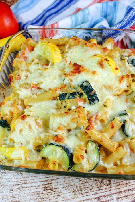 Baked Ziti and Summer Veggies Zucchini Ziti Bake, Vegetable Baked Ziti Recipe, Baked Ziti With Vegetables, Veggie Ziti Bake, Summer Vegetable Casserole Recipes, Baked Ziti With Zucchini, Chicken Zucchini Pasta Bake, Baked Pasta Side Dishes, Zucchini Baked Ziti