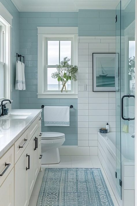 Primary Bathroom Remodel Ideas, Cozy Coastal Bathroom, Seaside Bathroom Ideas, Coastal Modern Bathroom, Coastal Guest Bathroom, Small Coastal Bathroom Ideas, Small Coastal Bathroom, Bathrooms 2024, Modern Coastal Bathroom