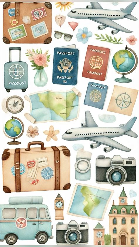 Vacation Stickers Printable, Aesthetic Wallpaper Macbook, Travel Stickers Printable, Aesthetic Wallpaper Travel, Notebook Clipart, Travel Aesthetic Wallpaper, Mobile Case Diy, Clipart Aesthetic, Aesthetic Clipart