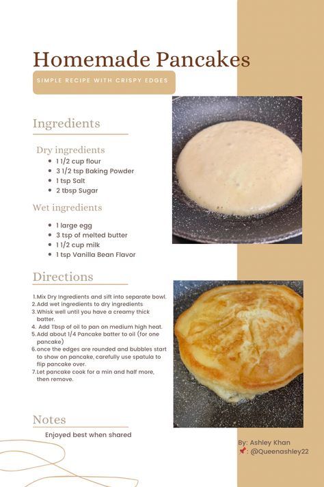 Recipe with ingredients and instructions in photo. No link. Simple and delicious. How To Make Homemade Pancake Batter, Healthy Pancake Batter, How To Make Homemade Pancakes Recipes, Homemade Breakfast Pancakes, Easy Home Made Pancakes Recipe, How To Make Pancakes With Crispy Edges, 1 Egg Pancake Recipe, Ingredients For Pancakes, How To Make Home Made Pancakes Recipes