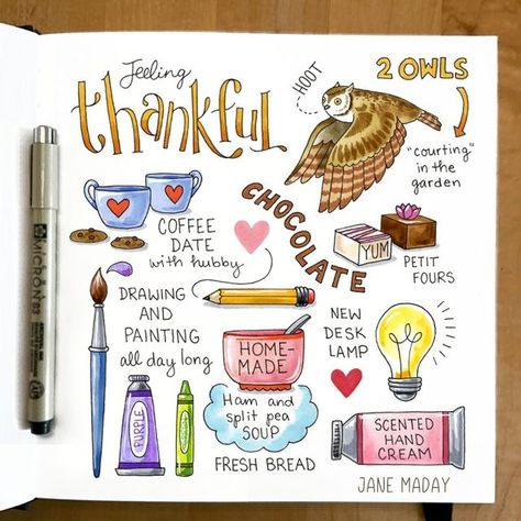 Jane Maday on Instagram: "I was REALLY excited about the owls. Ihope they build a nest! There is so much to be grateful for, just in my own little house and garden. #gratitudejournal #gratitude #positivity #dailyjournal #journalyourlife #sketchbooklove #dailysketch #dailyart #dailygratitude #pigmamicron #micronart #tombowusa #markerart #drawing #doodleart #doodledrawing" Jane Maday, Pen Journal, Grid Journals, Bullet Journal Tracker, Drawing Journal, House And Garden, Bullet Journal Diy, Sketch Notes, Bullet Journal Lettering Ideas