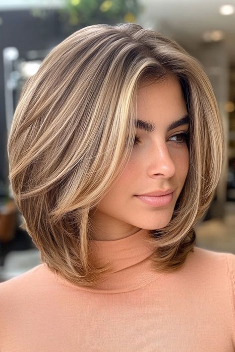 Layered Bob Haircut, Voluminous Layered Lob with Honey Blonde Highlights Voluminous Lob Haircut, Long Angled Bob Hairstyles With Layers, 90s Layered Long Bob, 90 Layered Bob, Layered 90s Bob, Stacked Lob Haircut, Lob With Long Layers, Layered Bob Straight Hair, Layered Medium Bob