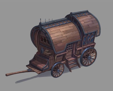 carriage, seon ra _ on ArtStation at https://www.artstation.com/artwork/oAQYVz Fantasy Wagon, Magic Steampunk, Fantasy Vehicles, Dnd Crafts, Wooden Cart, Dnd Items, Pathfinder Rpg, Fantasy Props, Horse Carriage