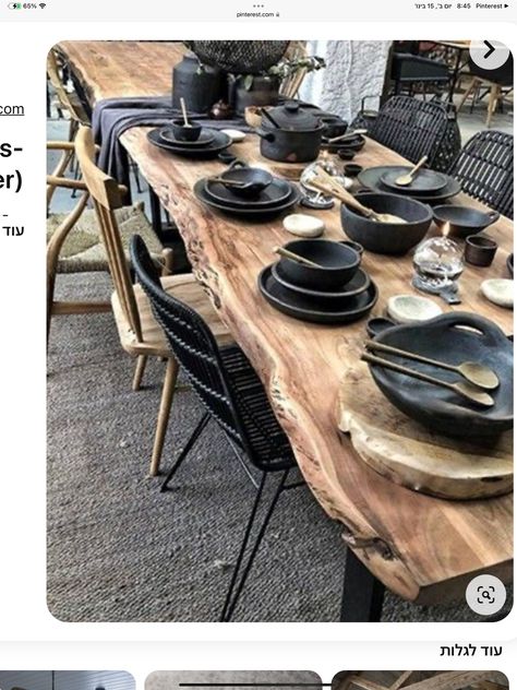 Black Dishes, Tafel Decor, Live Edge Dining Table, Rustic Dining Room, Rustic Dining, Montpellier, Dining Room Design, Furniture Plans, The Table