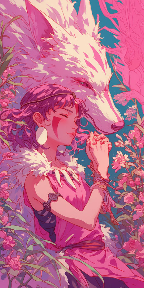 Pink Aesthetic Studio Ghibli, Princess Mononoke Iphone Wallpaper, Studio Ghibli Art Ponyo, Gibili Studios Drawing, Ghibli Illustration Art, Princess Of Mononoke, Pink Studio Ghibli Wallpaper, Gibli Studio Aesthetic Wallpaper, Ghibli Studios Wallpaper