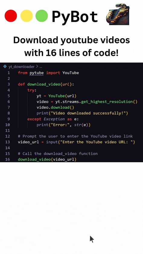 Easy youtube video downloader with the Pytube library in 16 lines of code. React below for code ideas or collabs! | PyBot Python Coding Projects, Programing Jokes, Python Code, Coding Lessons, Computer Science Programming, Basic Computer Programming, Web Development Programming, Data Science Learning, Learn Computer Science