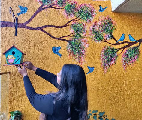 Give your old , boring garden wall makeover. Watch full video on YouTube 'Gratefull Art' Full Wall Decoration Ideas, Diy Balcony Wall Painting Ideas, Terrace Wall Painting Ideas, Wall Decor For Balcony, Balcony Painting Ideas, Wall Art Balcony, Balcony Wall Painting Ideas, Garden Wall Painting Ideas, Vertical Garden Trellis