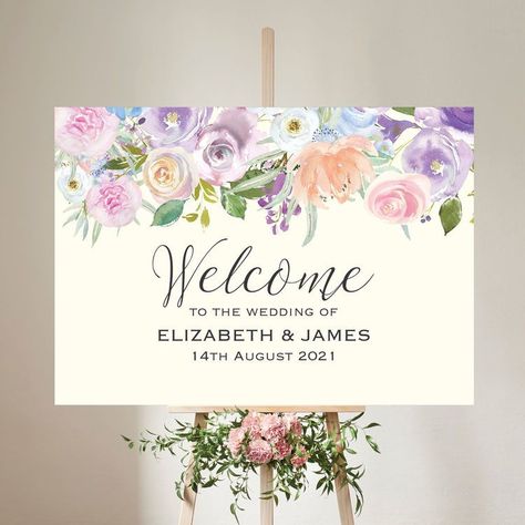 Create a storybook entrance with a beautifully written wedding welcome sign from Amazon. Pastel Wedding Welcome Sign, Pastel Wedding Signage, Pastel Color Wedding Theme, Pastel Floral Wedding, Fairytale Wedding Decorations, Pastel Wedding Decorations, Pastel Wedding Theme, Wedding Stand, Wedding Welcome Board