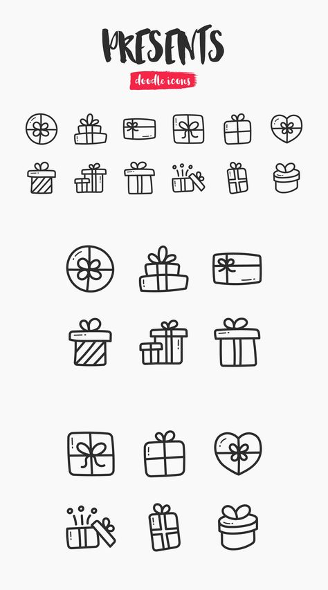 Presents Hand-Drawn Doodle Icons Present Doodle, Bullet Journal Icons, Ar Ideas, Gift Doodle, Embroidery Journal, Whiteboard Ideas, Doodle Icons, Christmas Doodle, Planner Doodles