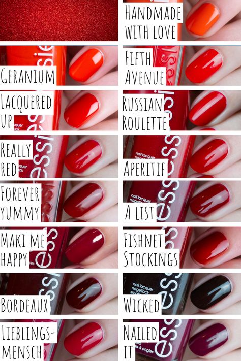 Nails 2024 Essie A List, Essie Gel Couture Swatches, Essie Geranium, Essie Russian Roulette, Essie Forever Yummy, Essie Red Nail Polish, Berry Nail Polish, Essie Wicked, Dark Red Nail Polish