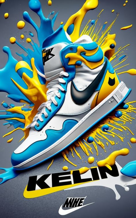 white, black, blue and yellow Nike A ¥@$Ni£L . Blue white yellow paint splashes. Nike typography text kelin” below the shoe, anime, poster, typography, cinematic, 3d render Nike Typography, Tennis Nike, Shoe Photography, Jordan Logo Wallpaper, Nike A, Futuristic Shoes, Cool Nike Wallpapers, Poster Typography, Shirt Logo Design