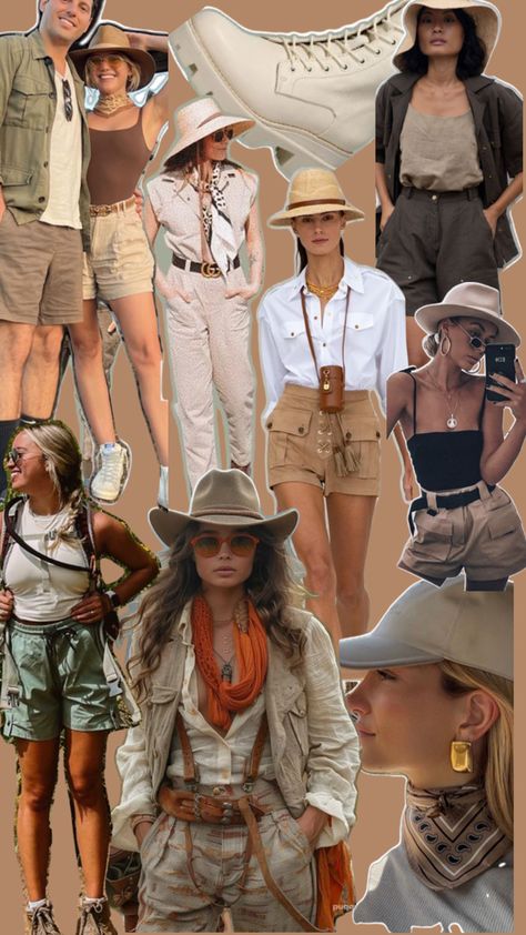 Safari hiking theme outfits Pantanal, Safari Fashion Women, Egypt Outfits Women, Western Aesthetic Outfits, Safari Outfit Women, Glamping Outfit, Africa Safari Clothes, Egypt Outfits, Farmer Outfit