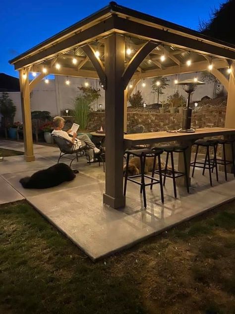 Covered Patio With Bar Seating, Bar On Pergola, Pergola Set Up Ideas, Bar Under Pergola, Gazebo With Dining Table, Bar Gazebo Outdoor, Pergola With Bar Top, Gazebo With Bar Counter, Gazebo With Grill Ideas