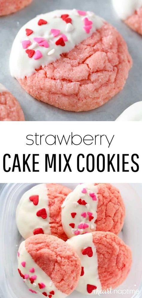 Chocolate dipped strawberry cookies made with only 3 ingredients! These make the perfect Valentine's Day treat! #strawberry #strawberrycookies #cookies #cookierecipes #cakemix #cakemixcookies #valentines #valentinesday #recipes #iheartnaptime Strawberry Cake Mix Cookies, Valentines Recipes Desserts, Valentines Snacks, Valentines Baking, Strawberry Cake Mix, I Heart Naptime, Strawberry Cookies, Valentine Desserts, Chocolate Dipped Strawberries