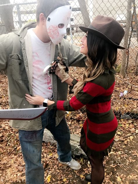 Freddy VS Jason #CoupleCostume Couples Freddy Kruger, Freddy Krueger And Jason Couple Costume, Freddy Kruger And Jason Couple Costume, Diy Unique Costumes, Freddie Kruger Couple Costume, Freddy Couple Costume, Jason Costume Men, Couples Halloween Outfits Scary, Freddy Kruger Couple Costume