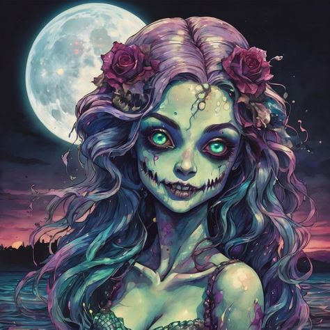 Beautiful zombie mermaid Scary Zombie Art, Zombie Girl Art, Zombie Fairy, Zombie Pfp, Zombie Mermaid, Paint Challenge, Zombie Drawing, Pretty Zombie, Weird Cats